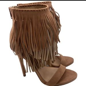 Womens Aldo Rivamonte Suede Fringe Heels Tan Sandals Size 8.5